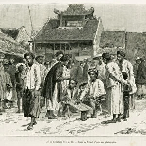 Game of the sapeque. Engraving by Tofani, to illustrate the story Trente mois au Tonkin