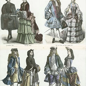 German and French costumes, early 18th Century (coloured engraving)