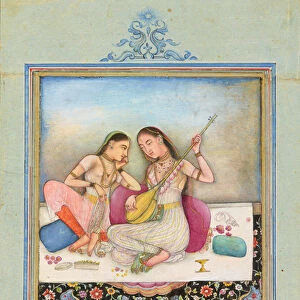 A girl playing the tambur while her companion listens, c