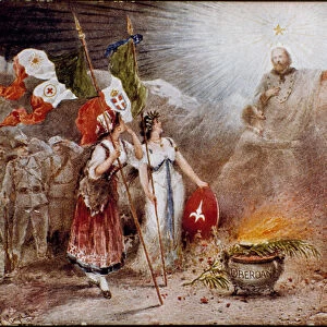 Giuseppe Garibaldi as a saint with Guglielmo Oberdan, allegory of the Alpines