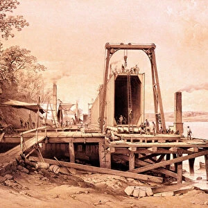 Industrial revolution: installation of a prefabricated bridge. Engraving from "Britannia and Conway Tubular Bridges", 1860