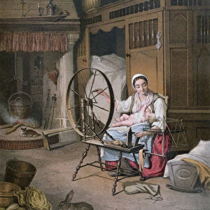 Interior of a Breton home, late 19th century (colour engraving)