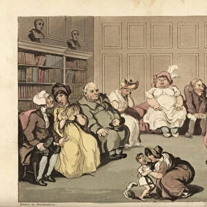 Johnny with other patients in quack doctor Anodynes waiting room. Handcoloured copperplate engraving by Thomas Rowlandson from William Combes The History of Johnny Quae Genus, the Little Foundling of the late Doctor Syntax