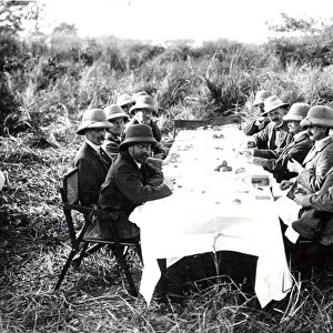 King George V having lunch in the Chitwan Valley during a Tiger Shoot, 1911 (b / w photo)