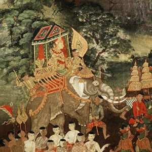 King Vessantara on a white elephant meets the Brahmins, scene from Vessantara Jataka