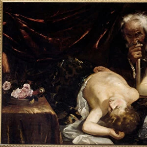 L enfant Jesus endormi avec Saint Jean Baptiste et Saint Joseph Peinture de Guido