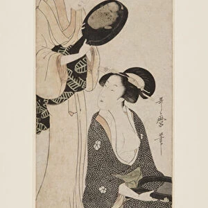 Two Ladies, Each with a Portion of a Lacquered Mirror (colour woodblock print)