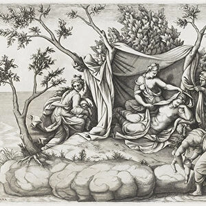 Latona Giving Birth to Apollo and Diana, engraved by Diana Mantovana (b