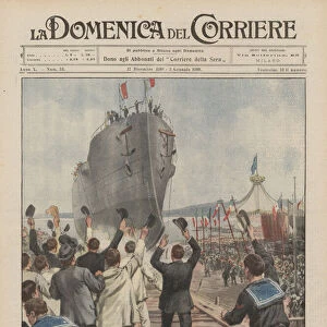 The launch of the armored cruiser San Marco of the Castellammare di Stabia shipyard, on 20 current (colour litho)