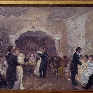 Le bal des marchands (The Merchant Ball). Des couples dansent, des jeunes filles vetues de blanc attendent, assises, une invitation a danser. Peinture de Ivan Semyonovich Kulikov (Koulikov) (1875-1941), huile sur toile, 1899