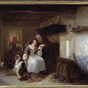 The letter. Young woman reading a letter in a peasant interior. Painting by Zacharie Natermann, 19th century Coll. Deal