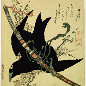 The Little Raven with the Minamoto clan sword, c. 1823 (colour woodcut)