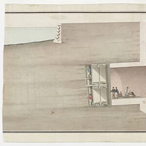 Longitudinal section showing the Rotherhithe shaft with the first section of tunnel constructed, c. 1818-39 (watercolour)