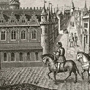 Louis IX has a pot of urine poured on him by a student as he rides to church in Paris