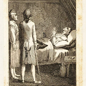 Two men at the bedside of an old man in a garret, 18th century. 1791 (engraving)