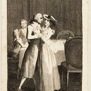 Mr and Mrs Jones embrace in a dining room, 18th century. 1791 (engraving)