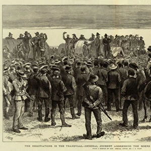 The Negotiations in the Transvaal, General Joubert addressing the Boers before their Dispersal Homewards (engraving)
