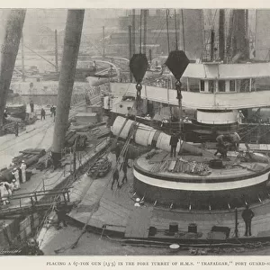 Placing a 67-Ton Gun (13. 5) in the Fore Turret of HMS "Trafalgar, "Port Guard-Ship at Portsmouth (b / w photo)