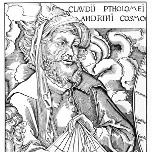 Ptolemy (Claudius Ptolemaeus) (c. 90-168) holding a sextant (engraving) (b / w photo)