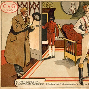 Reporter interviewing a gentleman getting dressed (chromolitho)