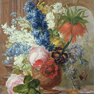 Roses, Delphiniums, Anemone, Nasturtium and an Imperial Lily in a Sculpted Urn on a