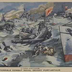 Russo-Japanese War: naval battle off Port Arthur (colour litho)