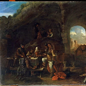 Scene de taverne (Tavern scene). Peinture de Philips Wouwerman (1619-1668). Huile sur bois, 48 x 63 cm. Ecole hollandaise du 17e siecle. State M. Ciurlionis Art Museum, Kaunas (Lituanie)
