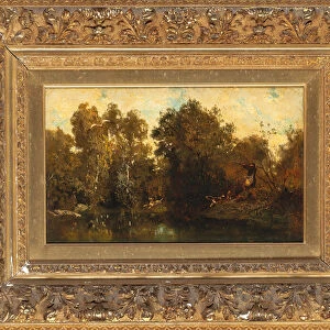 Shooting at a woodland pool (oil on canvas)