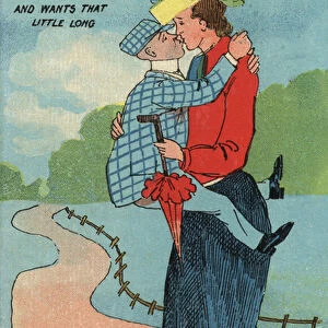 Short man kissing a tall woman (colour litho)