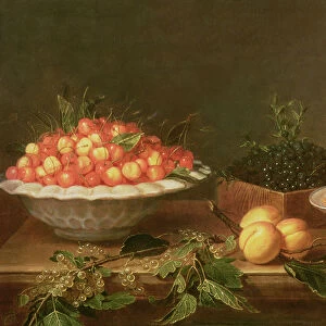 Still-life with fruit in porcelain dishes and a wooden box