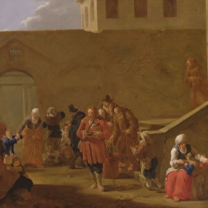 Street scene with monks distributing food to the poor (oil on silvered copper)