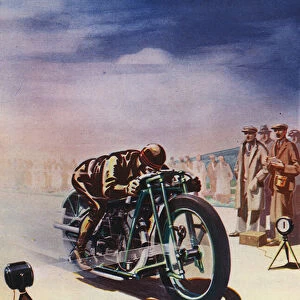 Timing a motorcycle by a photo-electric cell (colour litho)