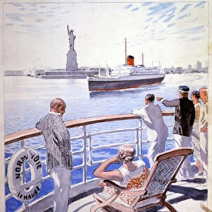 Transport. Marine. Arrival of the transatlantic Le Normandie in the New York's harbour. Illustration by Raoul du Gardier, 1935 (print)