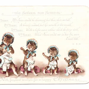 A Victorian Christmas card of cats and kittens wearing bonnets and sewing with needle