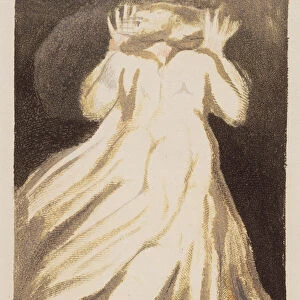 A white haired man in a long, pale robe who flees from us with his hands raised