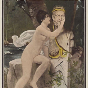 Woman confiding in the Greek god Pan (colour litho)