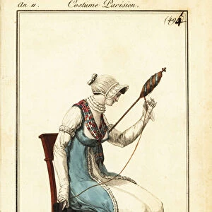 Woman spinning yarn with a spindle and distaff, Paris, 1803. (engraving)