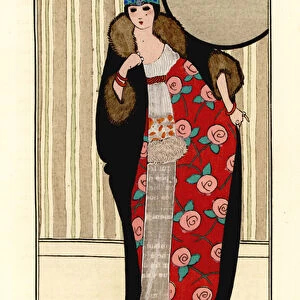 Woman in white crepe de chine dress, cape of otter and skunk fur lined with floral pattern, skull cap with plumes. Robe de crepe de chine blanc garnie de renard, manteau de loutre et skunks