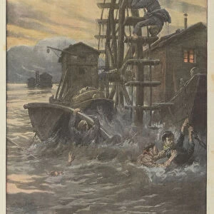 Workers overwhelmed by the wheels of a mill on the Adige as they crossed the river by boat on their way to work (colour litho)