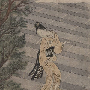 Young Woman Climbing Stone Stairs to a Shinto Temple, c. 1750-70 (woodblock print)