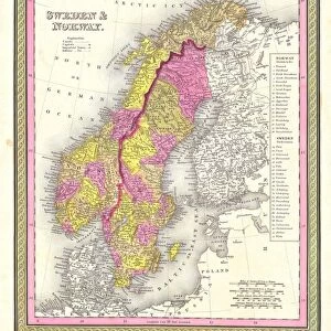 1850, Mitchell Map of Sweden and Norway, topography, cartography, geography, land