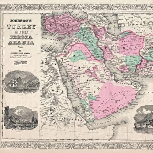 1866, Johnson Map of Arabia, Persia, Turkey and Afghanistan, Iraq, topography, cartography