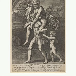 Aeneas carrying Anchises shoulders Troy burns
