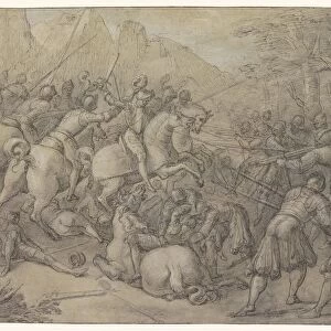 Battle Armored horsemen attacking foot soldiers armed
