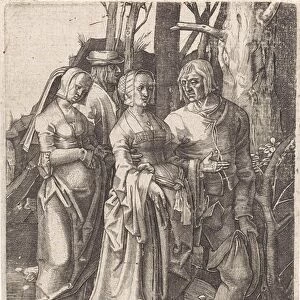 Two couples in the woods, print maker: attributed to Johannes Wierix, Lucas van Leyden