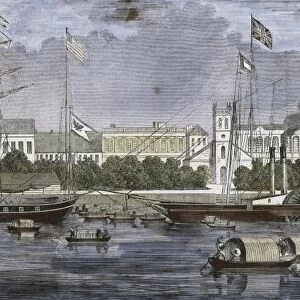 European Factories in Canton. Engraving 1858