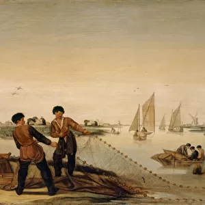 Two fishermen pull net ashore oil oak 31 x 44. 5 cm