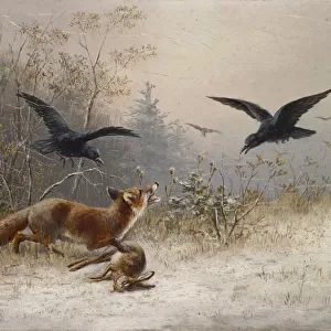 Fox hunting hare winter oil panel 21 x 26. 5 cm