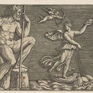 Galatea escaping Polyphemus seated rock holding