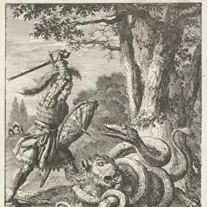 Godfrey of Bouillon free a lion from the stranglehold of a snake, Jan Luyken, 1683